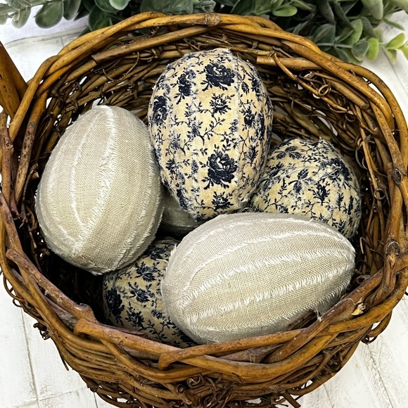 6 large primitive Easter eggs fabric blue floral tan farmhouse decor tier tray - Picture 8 of 10